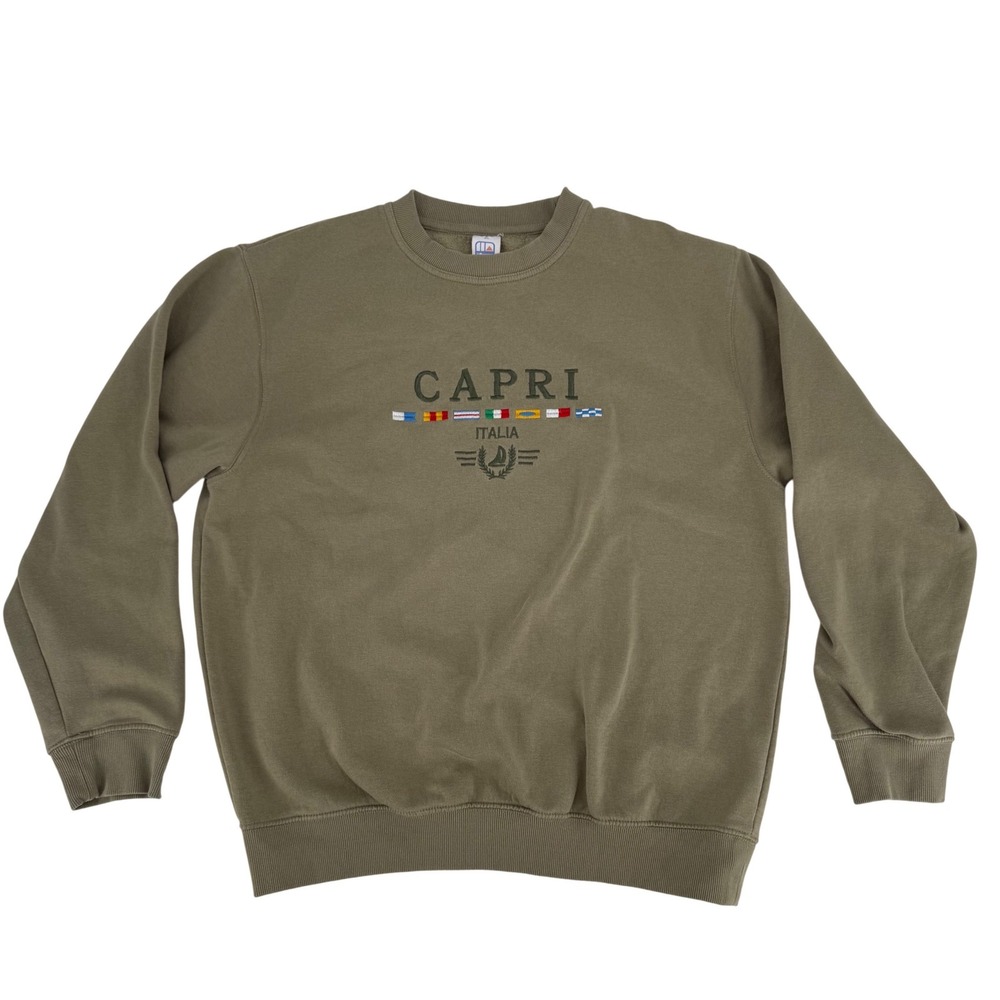 Vintage 90s Crew Neck Capri Italy Sweatshirt Olive Green Embroidered Nautical XL - Picture 2 of 9